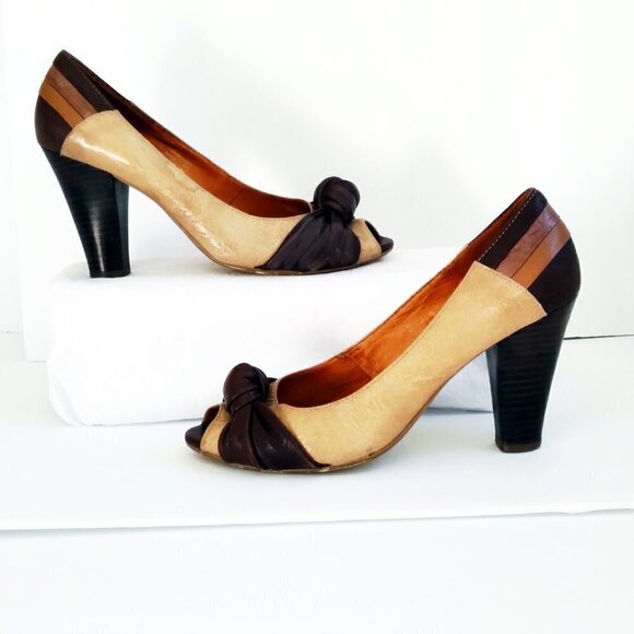 Steve Madden Peep Toe Pumps Multi Leathers Multi Browns Retro Femme Look Sz 8.5 - Picture 7 of 11